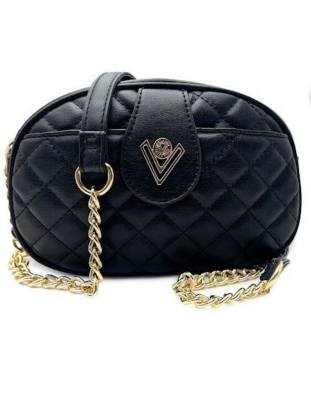 Valentino Orlandi Black Quilted Crossbody Camera Bag Zip Gold Hardware Chain
